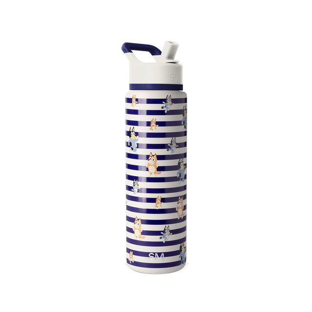 Navy blue and white striped 30-ounce Simple Modern water bottle with cartoon dog illustrations, white lid, navy carry handle, and SM logo on white background. Navy blue and white striped 30-ounce Simple Modern water bottle with cartoon dog illustrations, white lid, navy carry handle, and SM logo on white background.