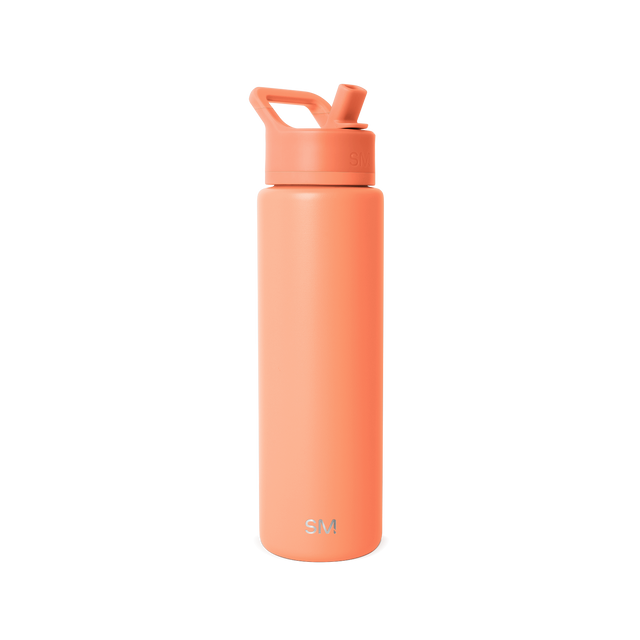 Coral-orange water bottle with rounded shape and cap, displayed against a light gray background. Coral-orange water bottle with rounded shape and cap, displayed against a light gray background.