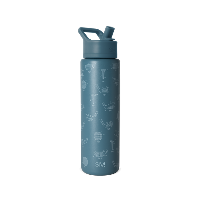 Slate blue water bottle with matching cap and handle, featuring light gray line art details on the surface Slate blue water bottle with matching cap and handle, featuring light gray line art details on the surface
