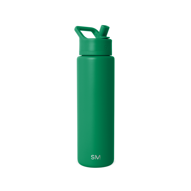 Forest green water bottle with matching cap and handle on white background Forest green water bottle with matching cap and handle on white background