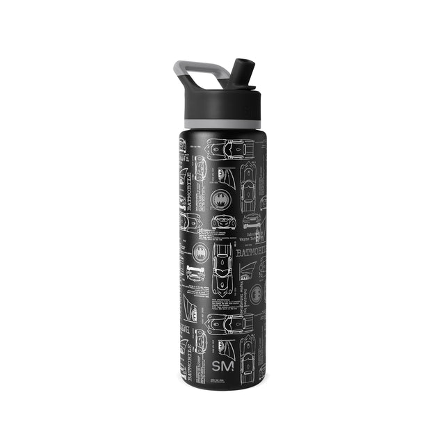 Matte black water bottle with flip-top cap and gray carrying handle, featuring white Batman-themed line illustrations and vehicle schematics on cylindrical body. Simple Modern logo visible. Matte black water bottle with flip-top cap and gray carrying handle, featuring white Batman-themed line illustrations and vehicle schematics on cylindrical body. Simple Modern logo visible.