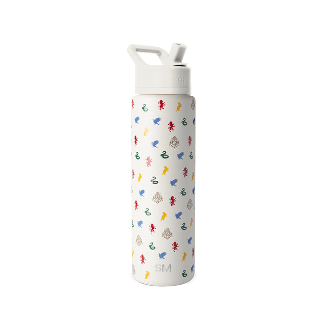 Simple Modern white insulated water bottle with multicolored fantasy pattern featuring mythical creatures, flip-top cap with handle, and SM logo branding. Simple Modern white insulated water bottle with multicolored fantasy pattern featuring mythical creatures, flip-top cap with handle, and SM logo branding.