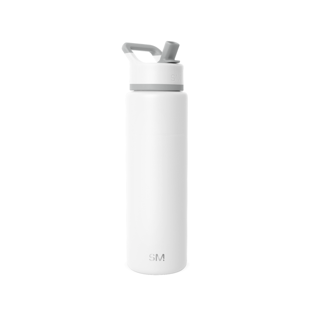 White cylindrical water bottle with tapered modern design and gray-white lid with angular handle White cylindrical water bottle with tapered modern design and gray-white lid with angular handle