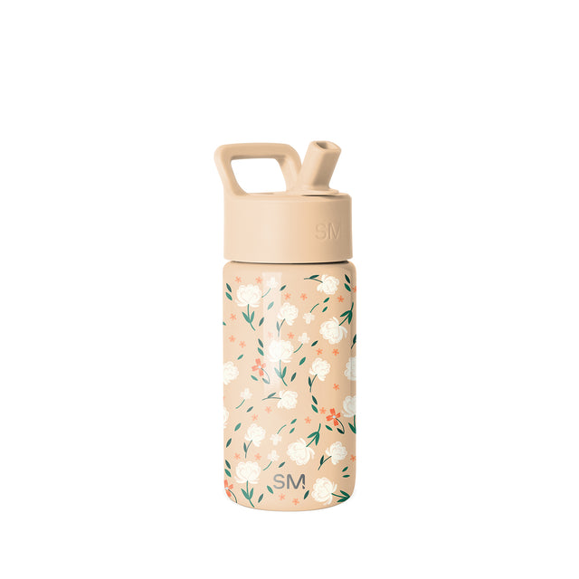 Beige Simple Modern water bottle with floral pattern featuring white, pink, and coral flowers with teal and sage green leaves, cream lid with handle and pop-up spout, shown against white background. Beige Simple Modern water bottle with floral pattern featuring white, pink, and coral flowers with teal and sage green leaves, cream lid with handle and pop-up spout, shown against white background.