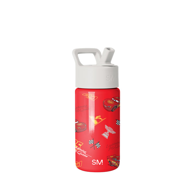 Red Simple Modern water bottle with white lid and handle, featuring Cars movie characters, racing graphics, checkered flags, and gold accents on a white background. Red Simple Modern water bottle with white lid and handle, featuring Cars movie characters, racing graphics, checkered flags, and gold accents on a white background.