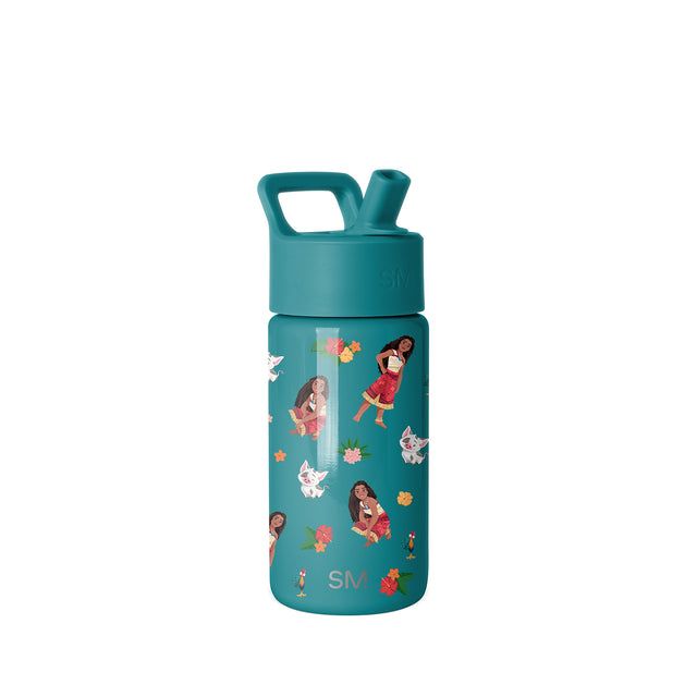 Teal Simple Modern 14-ounce water bottle with illustrated pattern featuring diverse young characters in colorful clothing, white animals, and coral flowers. Includes carry handle and clear volume window. Teal Simple Modern 14-ounce water bottle with illustrated pattern featuring diverse young characters in colorful clothing, white animals, and coral flowers. Includes carry handle and clear volume window.