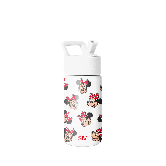 White Simple Modern water bottle with flip-top lid and carrying handle, decorated with repeating Minnie Mouse character faces featuring red bows with white polka dots, displayed on neutral background. White Simple Modern water bottle with flip-top lid and carrying handle, decorated with repeating Minnie Mouse character faces featuring red bows with white polka dots, displayed on neutral background.