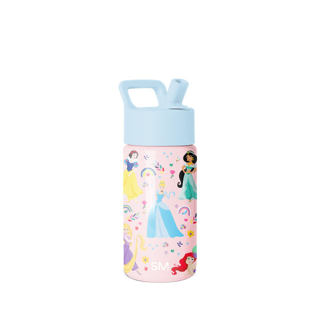 Light blue and pink Disney Princess water bottle with colorful illustrations of Snow White, Cinderella, Jasmine, and Ariel, featuring rainbows, stars, and flowers. Includes easy-grip handle and SM logo. Light blue and pink Disney Princess water bottle with colorful illustrations of Snow White, Cinderella, Jasmine, and Ariel, featuring rainbows, stars, and flowers. Includes easy-grip handle and SM logo.