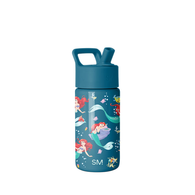 Teal children's water bottle with flip-top straw lid featuring illustrated mermaids, jellyfish, seahorses, and coral in bright coral, pink, purple, and yellow accents on white background. Teal children's water bottle with flip-top straw lid featuring illustrated mermaids, jellyfish, seahorses, and coral in bright coral, pink, purple, and yellow accents on white background.