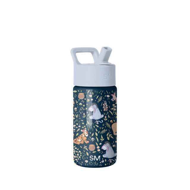 Simple Modern insulated water bottle with gray flip-straw lid and carry handle. Dark navy body features hand-drawn woodland animals, birds, and botanical illustrations in cream, tan, rust, and pink tones. Simple Modern insulated water bottle with gray flip-straw lid and carry handle. Dark navy body features hand-drawn woodland animals, birds, and botanical illustrations in cream, tan, rust, and pink tones.