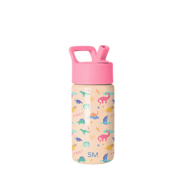 Simple Modern 14-ounce water bottle with cream body, bright pink cap and handle, featuring colorful dinosaur print with Simple Modern 14-ounce water bottle with cream body, bright pink cap and handle, featuring colorful dinosaur print with