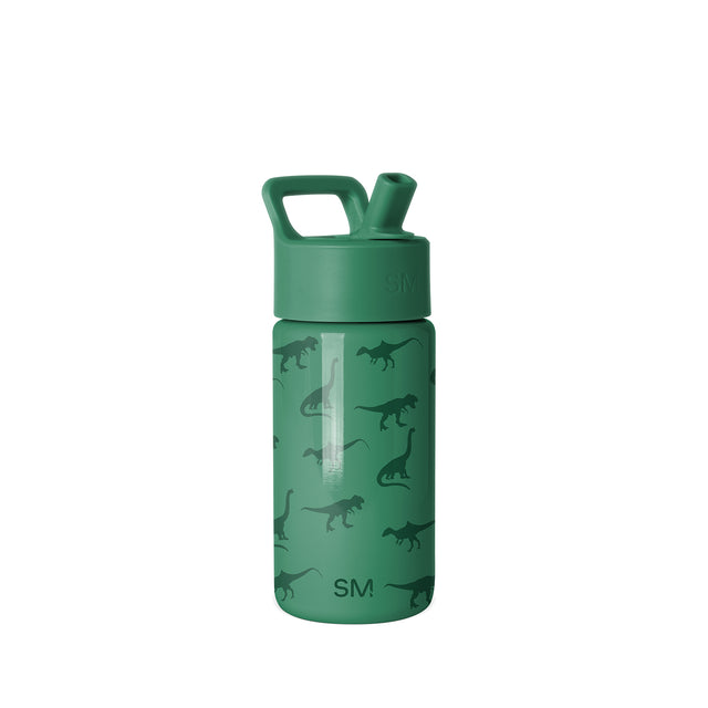 Sage green Simple Modern water bottle with forest green dinosaur silhouettes, clear viewing panel, carry handle, and flip-top spout on white background. Sage green Simple Modern water bottle with forest green dinosaur silhouettes, clear viewing panel, carry handle, and flip-top spout on white background.
