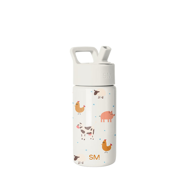 Simple Modern water bottle with cream-white base, farm animal illustrations in warm orange and yellow tones, white screw-on cap with flip-top straw spout and handle loop, SM logo displayed on lower portion. Simple Modern water bottle with cream-white base, farm animal illustrations in warm orange and yellow tones, white screw-on cap with flip-top straw spout and handle loop, SM logo displayed on lower portion.