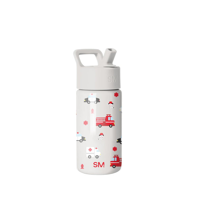 Simple Modern insulated water bottle with white base, gray-white lid and carry handle, decorated with red, pink, and gray emergency vehicle and first responder themed graphics including fire trucks, ambulances, and medical Simple Modern insulated water bottle with white base, gray-white lid and carry handle, decorated with red, pink, and gray emergency vehicle and first responder themed graphics including fire trucks, ambulances, and medical