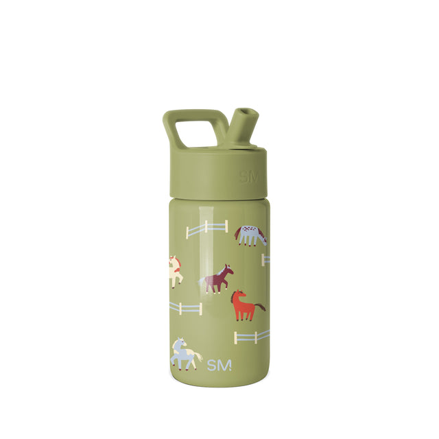 Sage green Simple Modern water bottle with farm-themed illustrations including horses, fences, and birds. Features a carry handle, straw spout, and SM logo. Studio product photo on white background. Sage green Simple Modern water bottle with farm-themed illustrations including horses, fences, and birds. Features a carry handle, straw spout, and SM logo. Studio product photo on white background.
