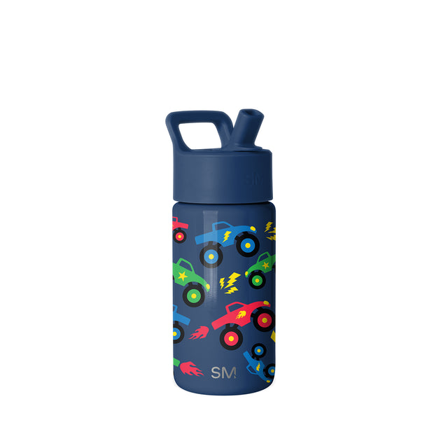 Navy blue Simple Modern water bottle with colorful cartoon vehicles, yellow lightning bolts, and stars. Features screw-top lid, carry handle, and straw. White background. Navy blue Simple Modern water bottle with colorful cartoon vehicles, yellow lightning bolts, and stars. Features screw-top lid, carry handle, and straw. White background.