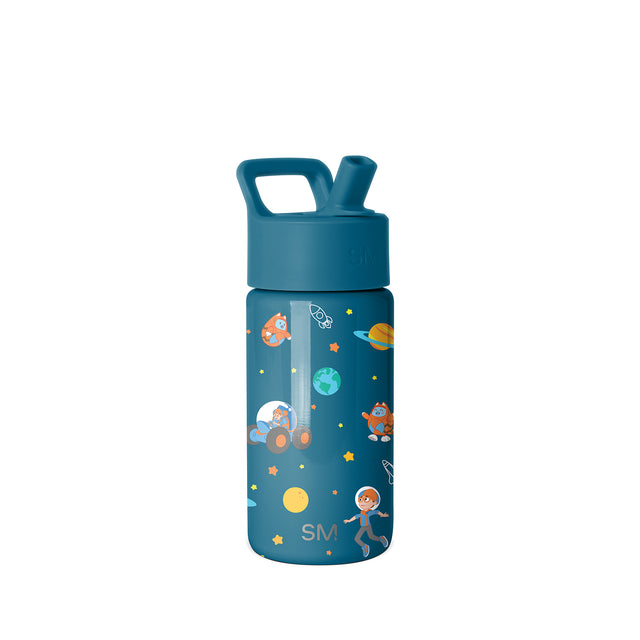 Teal water bottle with straw spout featuring cartoon astronauts, rockets, planets, and stars in orange and yellow space-themed graphics on white background. Teal water bottle with straw spout featuring cartoon astronauts, rockets, planets, and stars in orange and yellow space-themed graphics on white background.