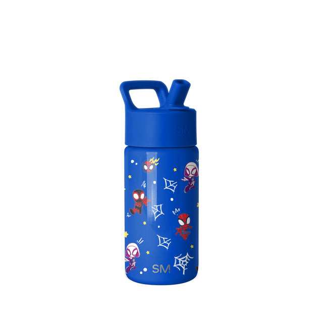Royal blue 14-ounce Simple Modern water bottle with flip-top lid and carrying loop, decorated with playful red and pink spider characters, white webs, stars, and dots throughout the design. Royal blue 14-ounce Simple Modern water bottle with flip-top lid and carrying loop, decorated with playful red and pink spider characters, white webs, stars, and dots throughout the design.