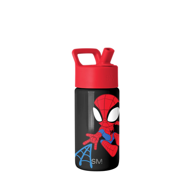 Red and black Simple Modern kids water bottle with Spider-Man graphic in dynamic action pose, featuring white eye details and blue web accents, flip-top lid, and carry handle on white background. Red and black Simple Modern kids water bottle with Spider-Man graphic in dynamic action pose, featuring white eye details and blue web accents, flip-top lid, and carry handle on white background.