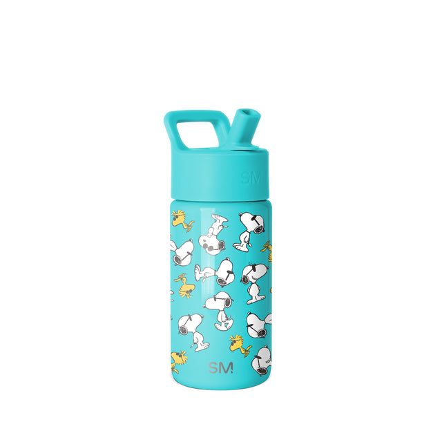 Turquoise Simple Modern water bottle with Snoopy and Woodstock Peanuts characters pattern, flip cap lid with square handle, against white background. Turquoise Simple Modern water bottle with Snoopy and Woodstock Peanuts characters pattern, flip cap lid with square handle, against white background.