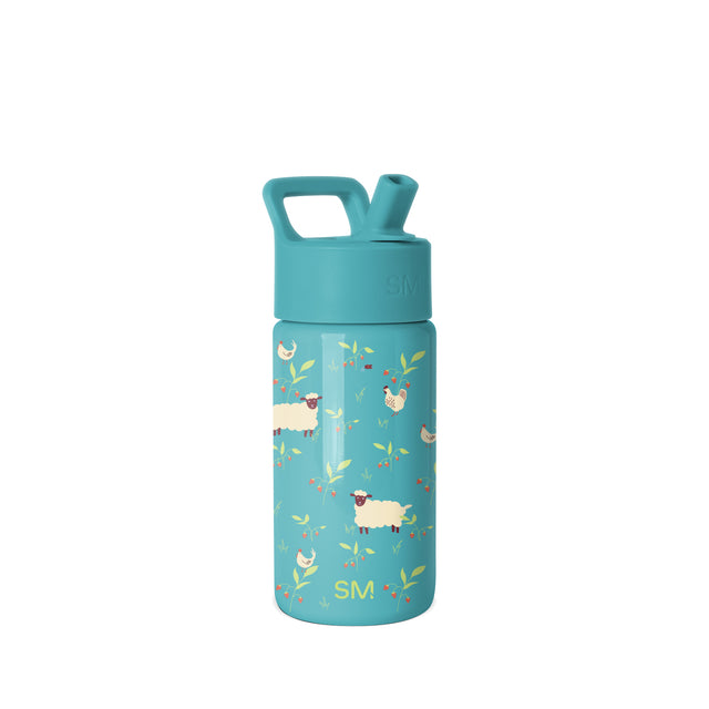 Teal Simple Modern water bottle with farm animal pattern featuring cream sheep, brown chickens, golden leaves, red berries, and SM logo. Turquoise cap with carrying handle and drinking spout. Studio product shot on white Teal Simple Modern water bottle with farm animal pattern featuring cream sheep, brown chickens, golden leaves, red berries, and SM logo. Turquoise cap with carrying handle and drinking spout. Studio product shot on white