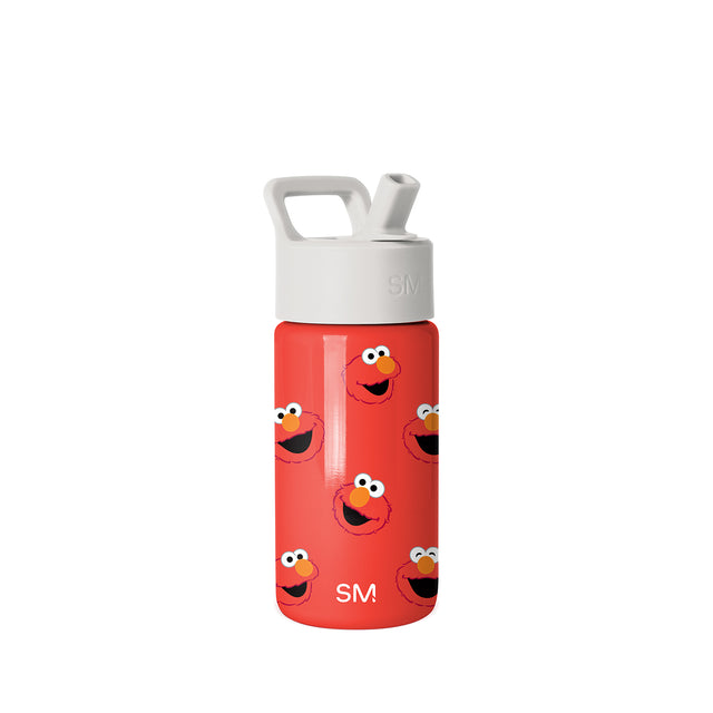 Red Simple Modern children's water bottle with repeating Elmo pattern, white cap with pop-up straw and carry handle, double-wall insulated design. Red Simple Modern children's water bottle with repeating Elmo pattern, white cap with pop-up straw and carry handle, double-wall insulated design.