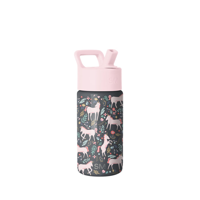 Simple Modern insulated water bottle with pale pink spout cap and charcoal body featuring colorful botanical and animal illustrations in blush, sage green, mustard, and coral tones. Simple Modern insulated water bottle with pale pink spout cap and charcoal body featuring colorful botanical and animal illustrations in blush, sage green, mustard, and coral tones.