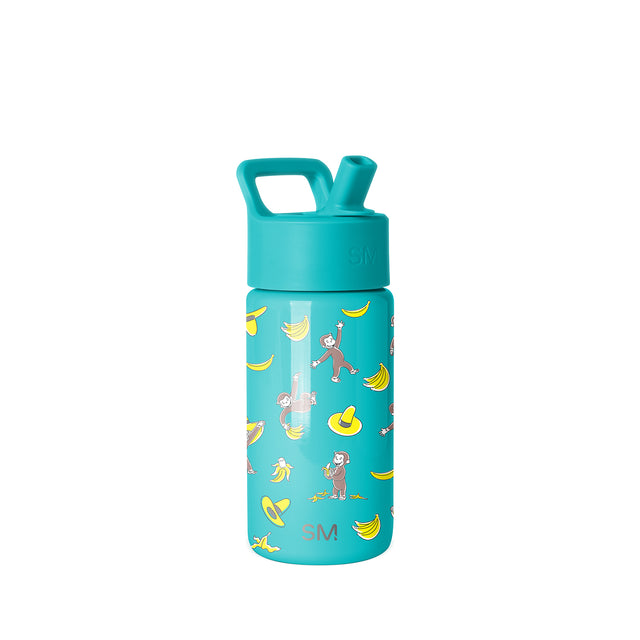 Simple Modern kids water bottle with turquoise base, monkey and banana design, yellow accents, integrated carry handle cap, white background. Simple Modern kids water bottle with turquoise base, monkey and banana design, yellow accents, integrated carry handle cap, white background.