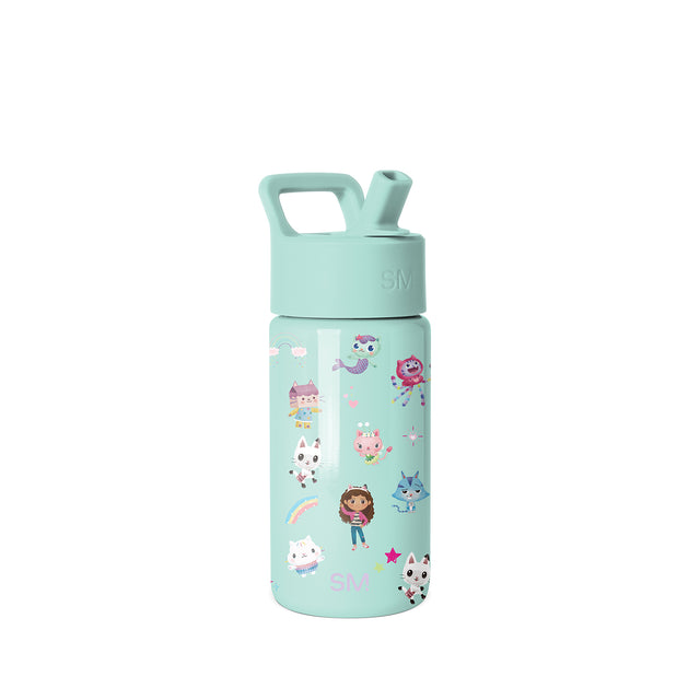 Mint green Simple Modern water bottle with twist-on cap and carry handle, featuring whimsical illustrated characters including cats, mermaid, rainbow, cupcakes, and stars in bright pink, purple, yellow, and blue accents on Mint green Simple Modern water bottle with twist-on cap and carry handle, featuring whimsical illustrated characters including cats, mermaid, rainbow, cupcakes, and stars in bright pink, purple, yellow, and blue accents on