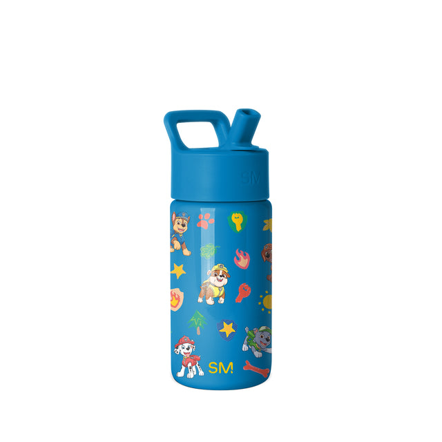 Bright blue Simple Modern children's water bottle with Paw Patrol characters, stars, bones, and flowers design. Features matching blue lid with straw handle and yellow SM logo. Bright blue Simple Modern children's water bottle with Paw Patrol characters, stars, bones, and flowers design. Features matching blue lid with straw handle and yellow SM logo.