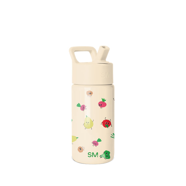 Cream-colored Simple Modern water bottle with colorful illustrated fruits and vegetables featuring smiling apple, pear, tomato, broccoli, and radish characters on white background. Cream-colored Simple Modern water bottle with colorful illustrated fruits and vegetables featuring smiling apple, pear, tomato, broccoli, and radish characters on white background.