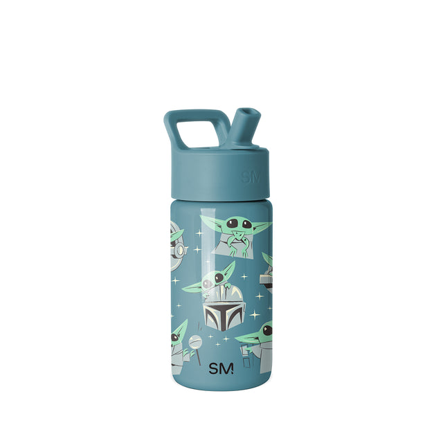 Teal-blue Simple Modern water bottle with screw-on lid and carrying loop, featuring repeating Grogu character illustrations in pale green and cream with sparkle motifs on white background. Teal-blue Simple Modern water bottle with screw-on lid and carrying loop, featuring repeating Grogu character illustrations in pale green and cream with sparkle motifs on white background.