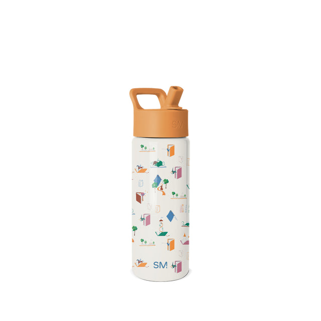 Simple Modern water bottle with cream base, tan cap, and colorful illustrated pattern featuring reading and outdoor activity icons in green, teal, coral, burgundy, and pink. Removable straw included. Simple Modern water bottle with cream base, tan cap, and colorful illustrated pattern featuring reading and outdoor activity icons in green, teal, coral, burgundy, and pink. Removable straw included.