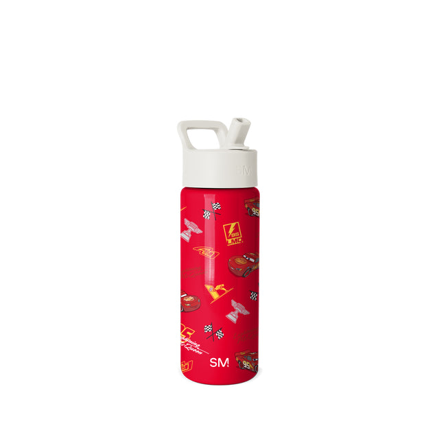 Simple Modern water bottle with bright red body, white cap and handle, featuring Cars movie characters including Lightning McQueen, number 95, checkered flags, and racing graphics on white background. Simple Modern water bottle with bright red body, white cap and handle, featuring Cars movie characters including Lightning McQueen, number 95, checkered flags, and racing graphics on white background.