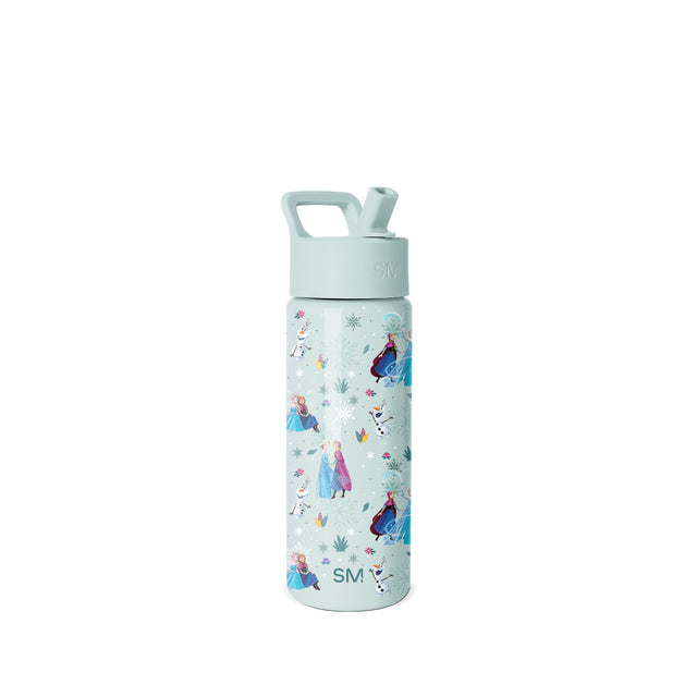 Mint green water bottle with frozen-themed pattern featuring Elsa, Anna, and Olaf among snowflakes and ice crystals. Includes carry handle and pop-up spout with toggle closure. Mint green water bottle with frozen-themed pattern featuring Elsa, Anna, and Olaf among snowflakes and ice crystals. Includes carry handle and pop-up spout with toggle closure.