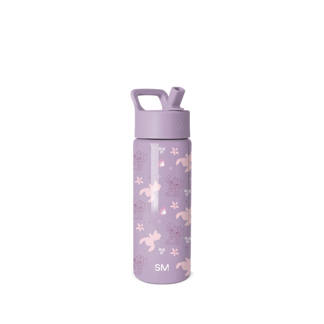 Dusty purple water bottle with carry handle and screw-top cap featuring cartoon bears, stars, and snowflakes. SM branding visible on lid and body. Dusty purple water bottle with carry handle and screw-top cap featuring cartoon bears, stars, and snowflakes. SM branding visible on lid and body.