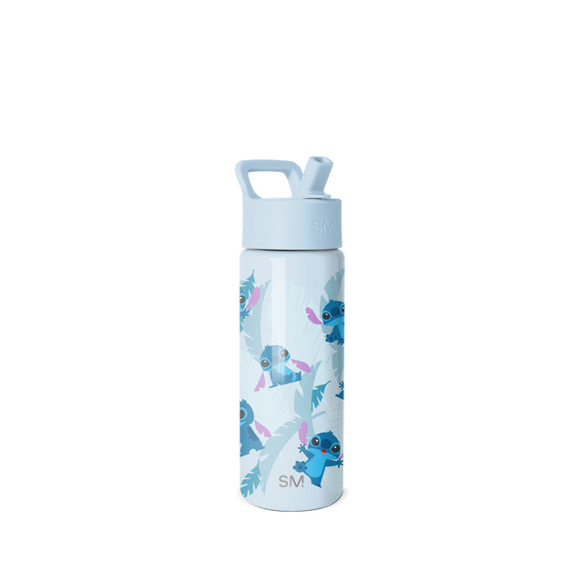 Pale blue stainless steel water bottle with flip-top cap and carrying handle, decorated with cartoon blue birds and pink feather designs. Simple Modern logo visible on bottle and cap. Pale blue stainless steel water bottle with flip-top cap and carrying handle, decorated with cartoon blue birds and pink feather designs. Simple Modern logo visible on bottle and cap.