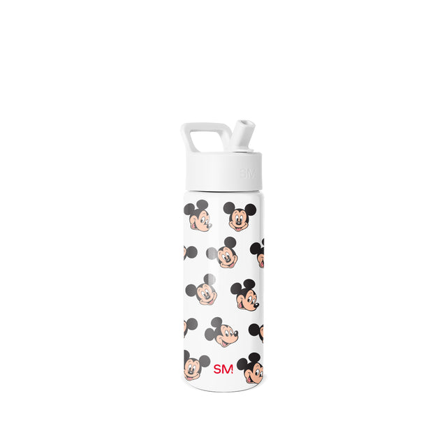 White Simple Modern water bottle with straw cap and handle, featuring repeating vintage Mickey Mouse character faces in black and peach tones. Product photo on neutral background. White Simple Modern water bottle with straw cap and handle, featuring repeating vintage Mickey Mouse character faces in black and peach tones. Product photo on neutral background.