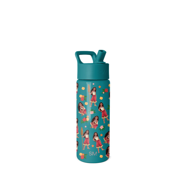 Teal 18-ounce Simple Modern water bottle with illustrated design featuring diverse cartoon girls in colorful outfits, flowers, palm leaves, and golden stars on white background. Teal 18-ounce Simple Modern water bottle with illustrated design featuring diverse cartoon girls in colorful outfits, flowers, palm leaves, and golden stars on white background.