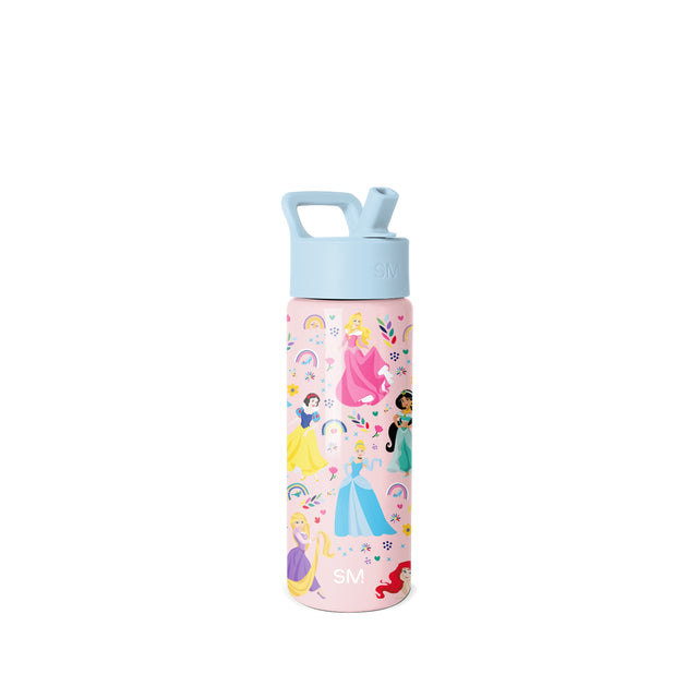 Pale pink Simple Modern water bottle with light blue cap, decorated with Disney Princess characters, rainbows, hearts, and flowers in vibrant colors. Features pop-up spout and carrying handle. Pale pink Simple Modern water bottle with light blue cap, decorated with Disney Princess characters, rainbows, hearts, and flowers in vibrant colors. Features pop-up spout and carrying handle.