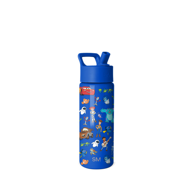 Royal blue Simple Modern water bottle with straw spout and carrying handle, decorated with colorful Pixar characters including Lightning McQueen, Woody, Buzz, Nemo, Dory, Mike, Sulley, and WALL-E. Royal blue Simple Modern water bottle with straw spout and carrying handle, decorated with colorful Pixar characters including Lightning McQueen, Woody, Buzz, Nemo, Dory, Mike, Sulley, and WALL-E.
