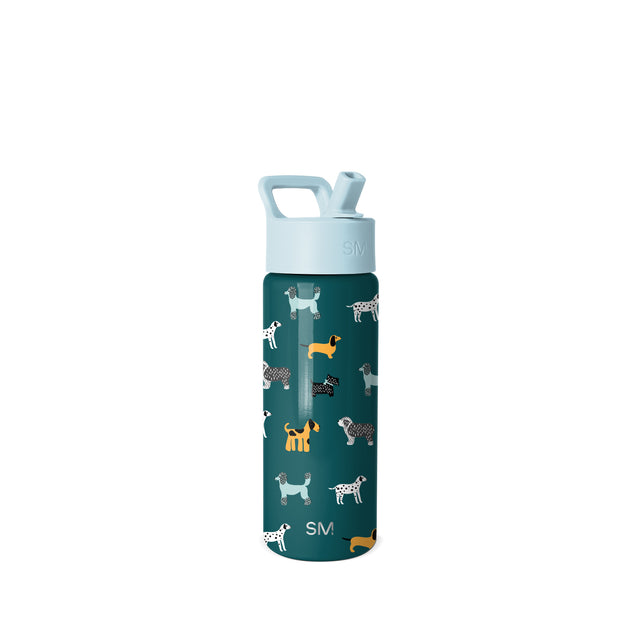 Deep teal insulated water bottle with pale blue lid and handle, decorated with colorful illustrated dogs including dalmatians and dachshunds, white background. Deep teal insulated water bottle with pale blue lid and handle, decorated with colorful illustrated dogs including dalmatians and dachshunds, white background.