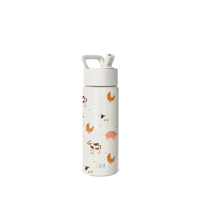 Cream water bottle with white lid and flip-top straw, decorated with farm animals including chickens, cows, pig, and birds in orange, brown, and coral tones with blue dots throughout. Simple Modern logo embossed on lid and Cream water bottle with white lid and flip-top straw, decorated with farm animals including chickens, cows, pig, and birds in orange, brown, and coral tones with blue dots throughout. Simple Modern logo embossed on lid and