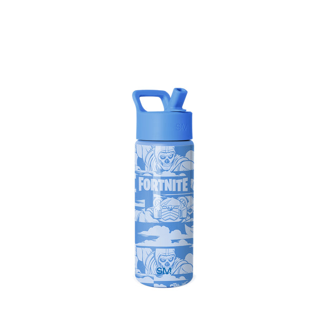 Royal blue Simple Modern insulated water bottle with matching cap and handle loop, displaying Fortnite game characters in white and light blue graphics, Royal blue Simple Modern insulated water bottle with matching cap and handle loop, displaying Fortnite game characters in white and light blue graphics,