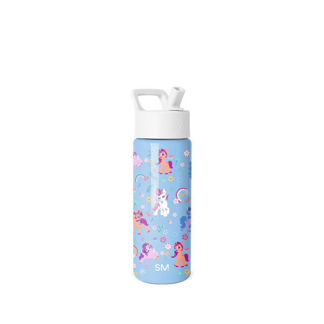 Simple Modern Summit water bottle with periwinkle blue base, white pop-top straw cap, and carry handle. Features colorful My Little Pony characters, flowers, rainbows, and stars in pink, purple, orange, and yellow throughout Simple Modern Summit water bottle with periwinkle blue base, white pop-top straw cap, and carry handle. Features colorful My Little Pony characters, flowers, rainbows, and stars in pink, purple, orange, and yellow throughout