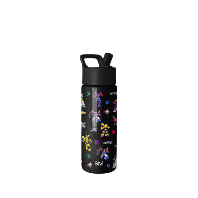Black water bottle with colorful pixelated robot and vehicle design in yellow, blue, red, purple, and pink. Matte black cap with carrying handle. Simple Modern product on white background. Black water bottle with colorful pixelated robot and vehicle design in yellow, blue, red, purple, and pink. Matte black cap with carrying handle. Simple Modern product on white background.