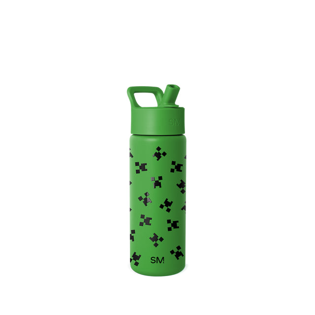 Bright green Simple Modern water bottle with flip-top straw cap and carrying handle, featuring black pixel-art video game character pattern and SM logo on white background. Bright green Simple Modern water bottle with flip-top straw cap and carrying handle, featuring black pixel-art video game character pattern and SM logo on white background.
