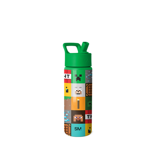 Simple Modern water bottle with bright green lid and carry loop featuring Minecraft-themed design with pixelated characters, creepers, TNT blocks, and game elements in red, yellow, blue, and other colors against white Simple Modern water bottle with bright green lid and carry loop featuring Minecraft-themed design with pixelated characters, creepers, TNT blocks, and game elements in red, yellow, blue, and other colors against white