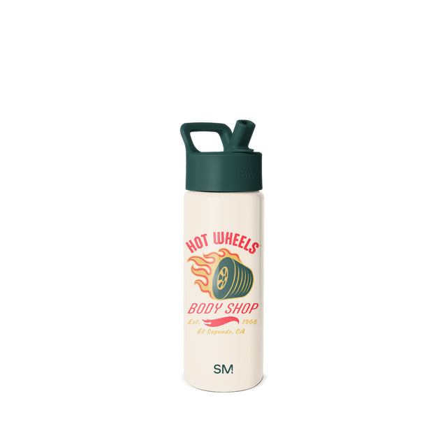 Cream-colored stainless steel water bottle with forest green cap, featuring Hot Wheels Body Shop graphic in coral red, orange flames, and yellow accents. Simple Modern brand logo at bottom. Cream-colored stainless steel water bottle with forest green cap, featuring Hot Wheels Body Shop graphic in coral red, orange flames, and yellow accents. Simple Modern brand logo at bottom.