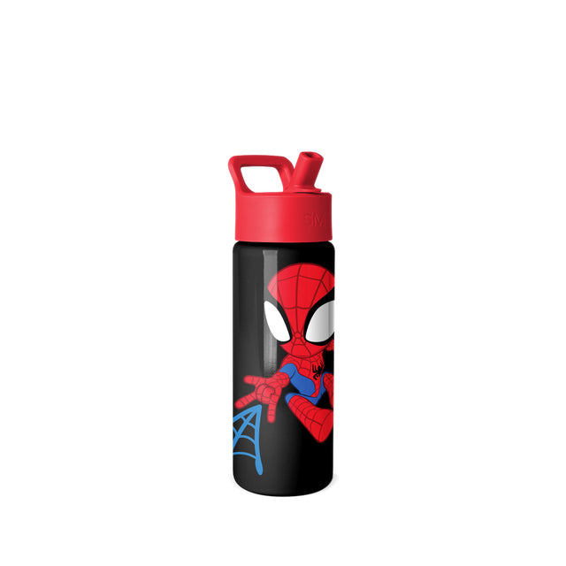 Black Simple Modern water bottle with red lid and spout, featuring Spider-Man graphic in red, blue, and white on front. Carry handle at top. Studio product photo on gray background. Black Simple Modern water bottle with red lid and spout, featuring Spider-Man graphic in red, blue, and white on front. Carry handle at top. Studio product photo on gray background.
